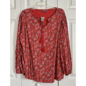 style & co. Women s Top Red Floral Long Sleeve Pullon Tassel Tie Blouse Boho